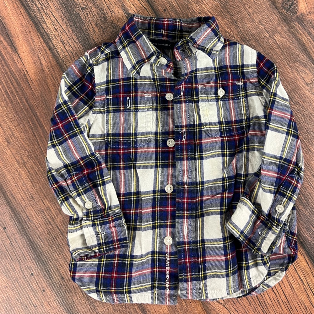 Janie and Jack 6-12 month button up, blue, red and yellow plaid boy